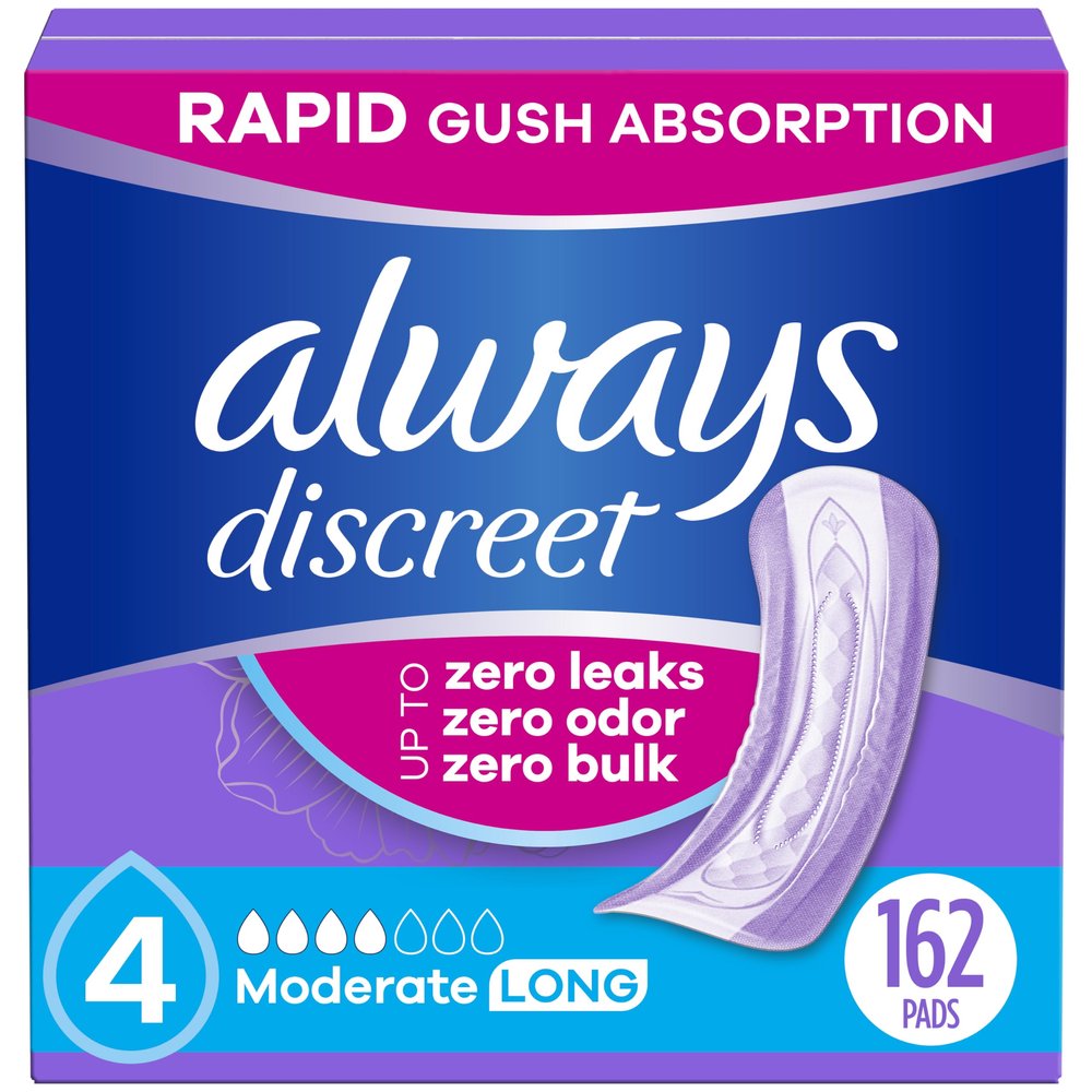 Always Discreet Adult Incontinence Pads for Women, Moderate Absorbency, Long Length, Postpartum Pads, 162 Count (3 Packs of 54)