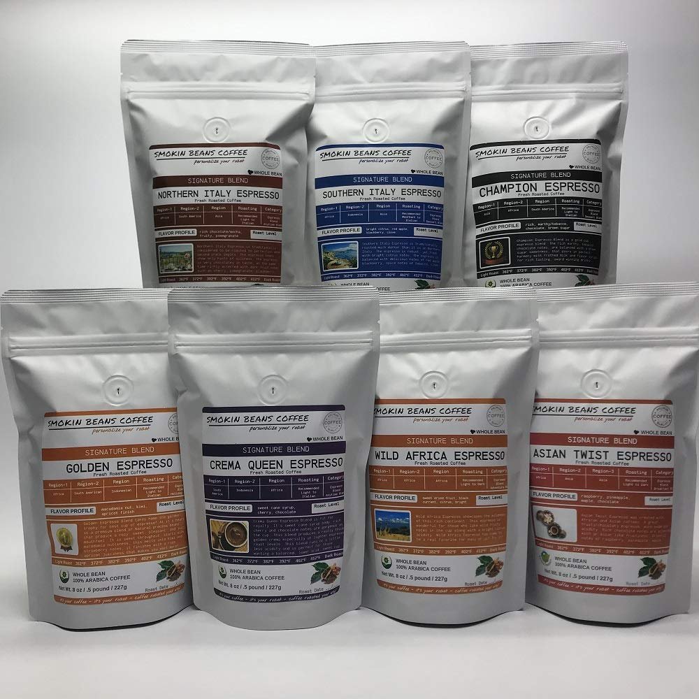 Smokin Beans 7 Bean Espresso Box 7-Bags 8-oz Each, Our Signature Blends, Various Roasts, Premium Whole Bean Specialty Coffee