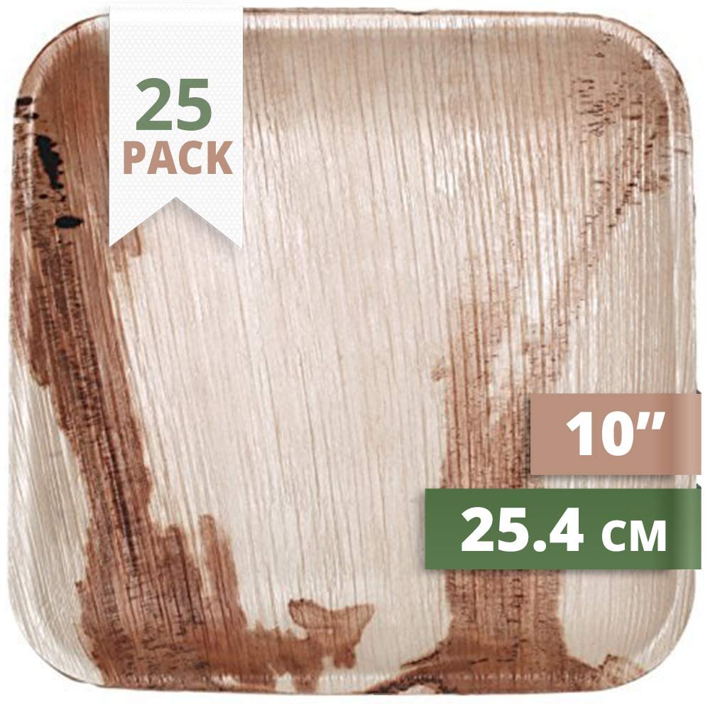 CaterEco Square Palm Leaf Plates Set (Pack of 25) | Dinner Plates | Ecofriendly Disposable Dinnerware | Heavy Duty Biodegradable Party Utensils for Wedding, Camping & More,Brown