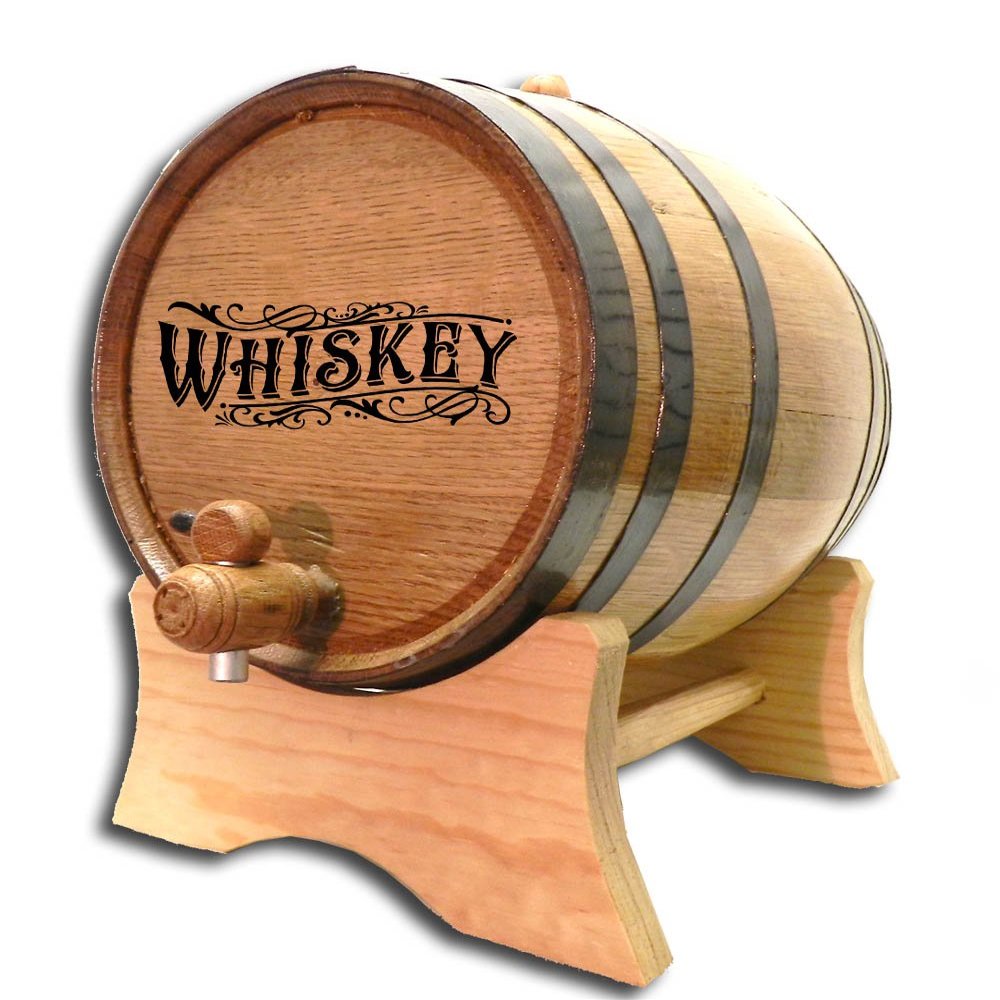 2 Gallon Whiskey Aging Barrel (10 Liter) with Wood Stand, Bung and Spigot - 10L Mini Charred Oak Barrels for Aging Whiskey, Bourbon, Cocktails and More! Laser Engraved Whiskey Barrel Design (B511)