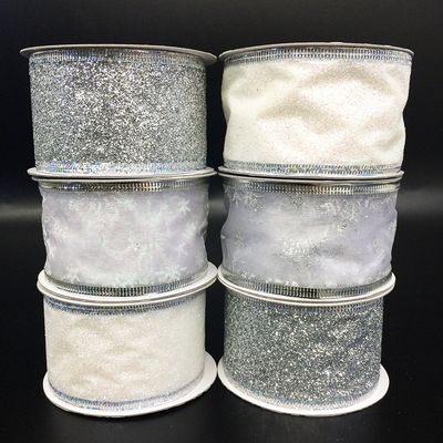 4 Rolls Assorted Patterns Classic Christmas Decorations Ribbons (2" W x 9FT Each), White/Silver