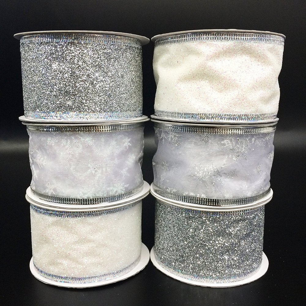4 Rolls Assorted Patterns Classic Christmas Decorations Ribbons (2" W x 9FT Each), White/Silver