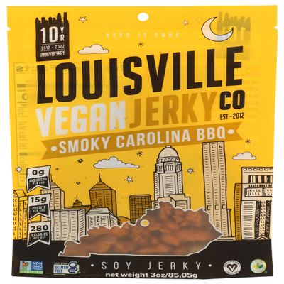 Louisville Vegan Jerky - Sweet & Smoky Carolina Mustard BBQ Vegan Meat - Lip-Smacking Vegan-Friendly & Vegetarian Jerky - Non-GMO Soy Protein, Gluten-Free High Protein Vegan Snacks (3oz)