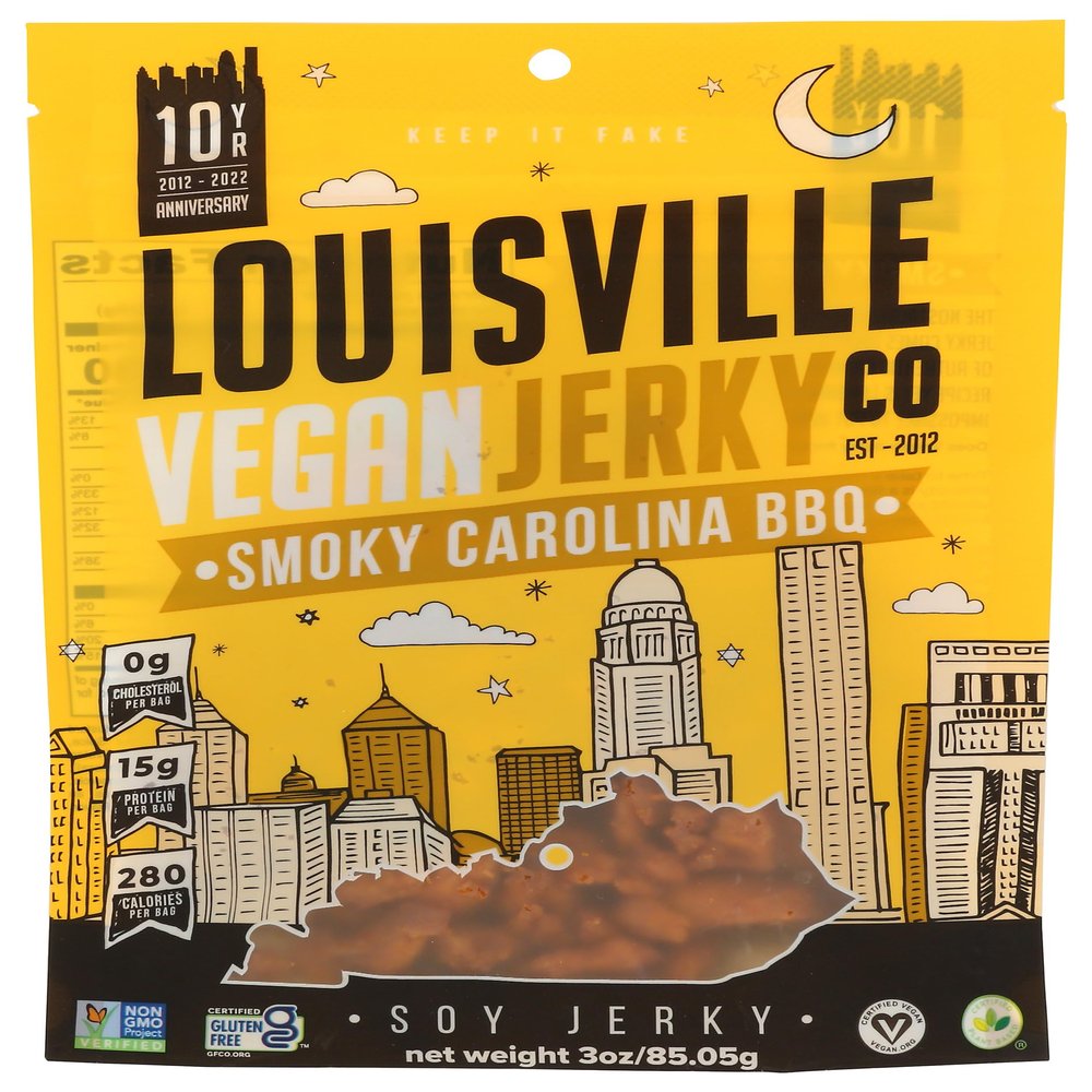 Louisville Vegan Jerky - Sweet & Smoky Carolina Mustard BBQ Vegan Meat - Lip-Smacking Vegan-Friendly & Vegetarian Jerky - Non-GMO Soy Protein, Gluten-Free High Protein Vegan Snacks (3oz)