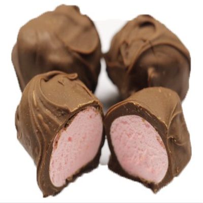 Scott's Cakes Milk Chocolate Covered Pink Strawberry Marshmallows in a 1 Pound White Bakery Box