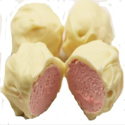 Scott's Cakes White Chocolate Covered Pink Strawberry Marshmallows in a 1 Pound White Bakery Box