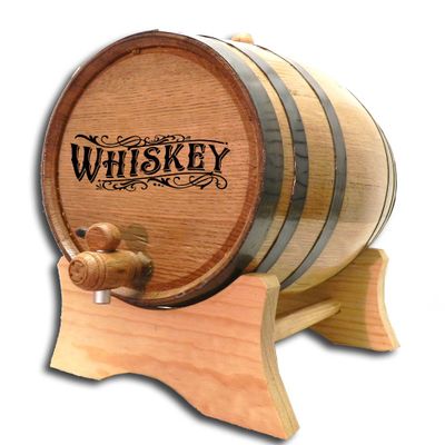 3 Liter Whiskey Aging Barrel with Wood Stand, Bung and Spigot - 3L Mini Charred Oak Barrels for Aging Whiskey, Bourbon, Cocktails and More! Laser Engraved Whiskey Barrel Design (B511)