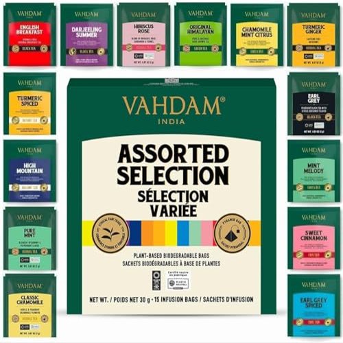 VAHDAM, Assorted Tea Sampler (15 Different Variety in Individually Wrapped Pyramid Tea Bags) Long Leaf Premium Teas I Tea Gift Set I Valentines Day Gifts Ideas for Tea Lovers
