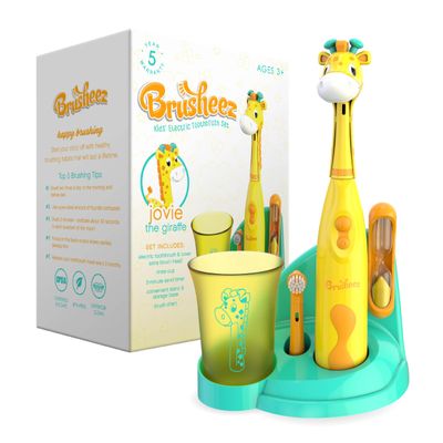 Brusheez Kids Electric Toothbrush Set - Safe & Effective for Ages 3+ - Parent Tested & Approved with Gentle Bristles, 2 Brush Heads, Rinse Cup, 2-Minute Timer, & Storage Base (Jovie The Giraffe)