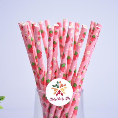 100 pcs Red Strawberry Paper Straws, Fun Cute Picnic Fruit Print Patterned Beverage Floral Light Pink Party Paper Drinking Straws Bulk, Birthday Wedding Colored Cake Pop Sticks