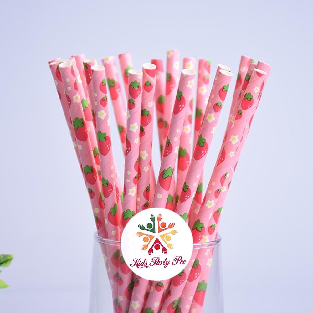 100 pcs Red Strawberry Paper Straws, Fun Cute Picnic Fruit Print Patterned Beverage Floral Light Pink Party Paper Drinking Straws Bulk, Birthday Wedding Colored Cake Pop Sticks