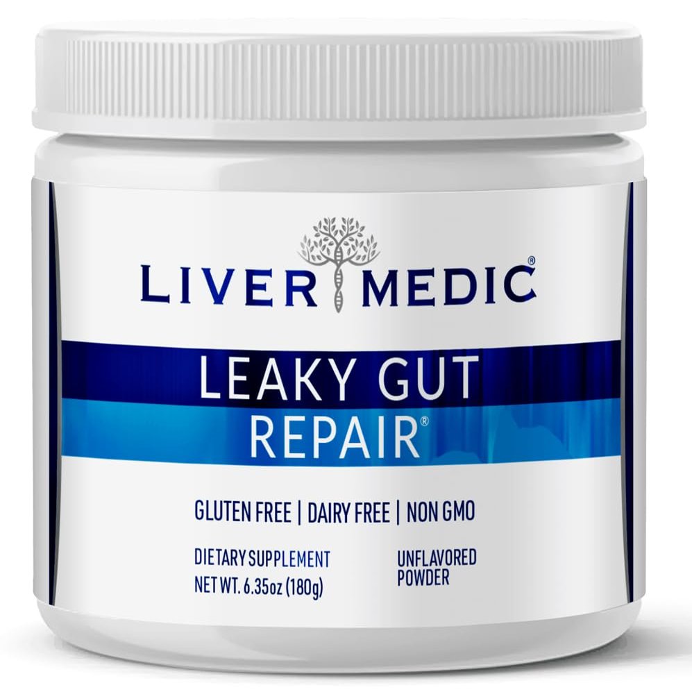Liver Medic Leaky Gut Repair Supplement - Glutamine, Slippery Elm, Quercetin, Licorice Root. Supports IBS, Heartburn, Bloating, Gas, Constipation, SIBO, Energy Levels, Skin, Unflavored Powder, 180g