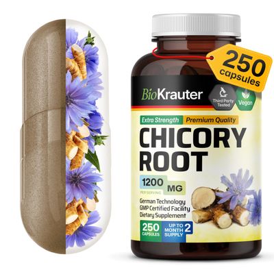 BIO KRAUTER Chicory Root for Gut & Digestive Support - Pure Vegan Prebiotics & Fiber Supplement in Capsules 1200 mg per Serving 250 Count - No Fillers, Non-GMO - 62 Days of Supply