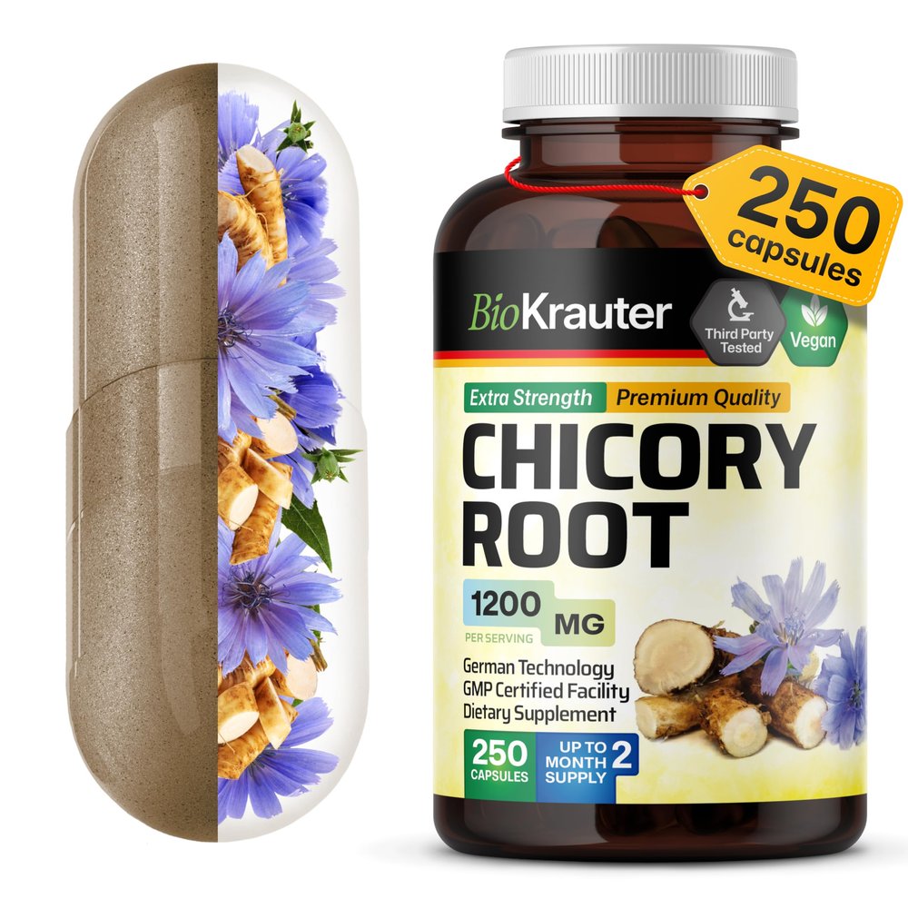BIO KRAUTER Chicory Root for Gut & Digestive Support - Pure Vegan Prebiotics & Fiber Supplement in Capsules 1200 mg per Serving 250 Count - No Fillers, Non-GMO - 62 Days of Supply