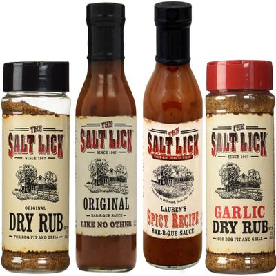 Salt Lick Favorites Assortment, one each of Original Dry Rub, Original Sauce, Spicy Sauce and Garlic Dry Rub