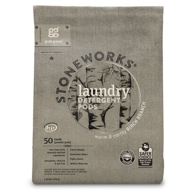 Grab Green Stoneworks Laundry Detergent Pods, Powered by Naturally Derived Plant & Mineral-Based Powder Pods, Birch Branch, 50 Loads (Pack of 1) - EPA Safer Choice Certified