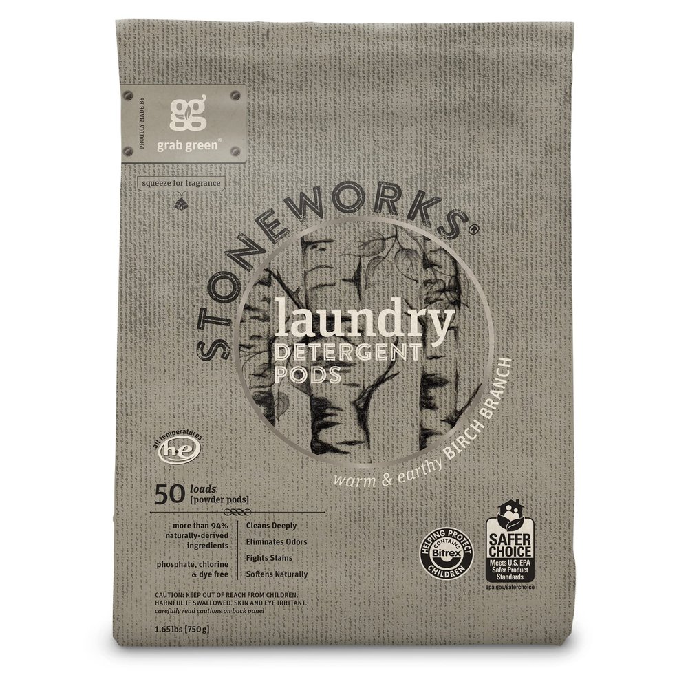 Grab Green Stoneworks Laundry Detergent Pods, Powered by Naturally Derived Plant & Mineral-Based Powder Pods, Birch Branch, 50 Loads (Pack of 1) - EPA Safer Choice Certified