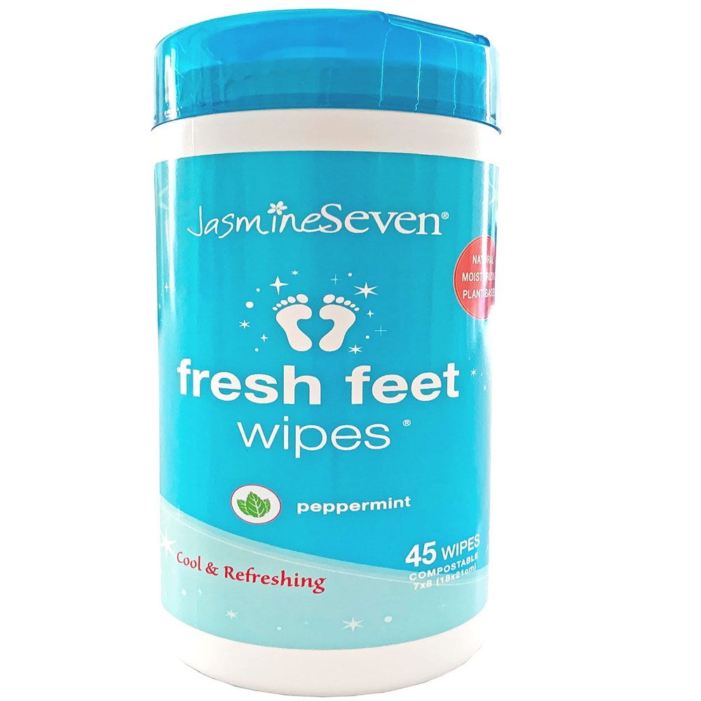 Jasmine Seven Fresh Feet Wipes - Peppermint - 45 Count Resealable Canister (Natural Foot and Body Wet Wipes)