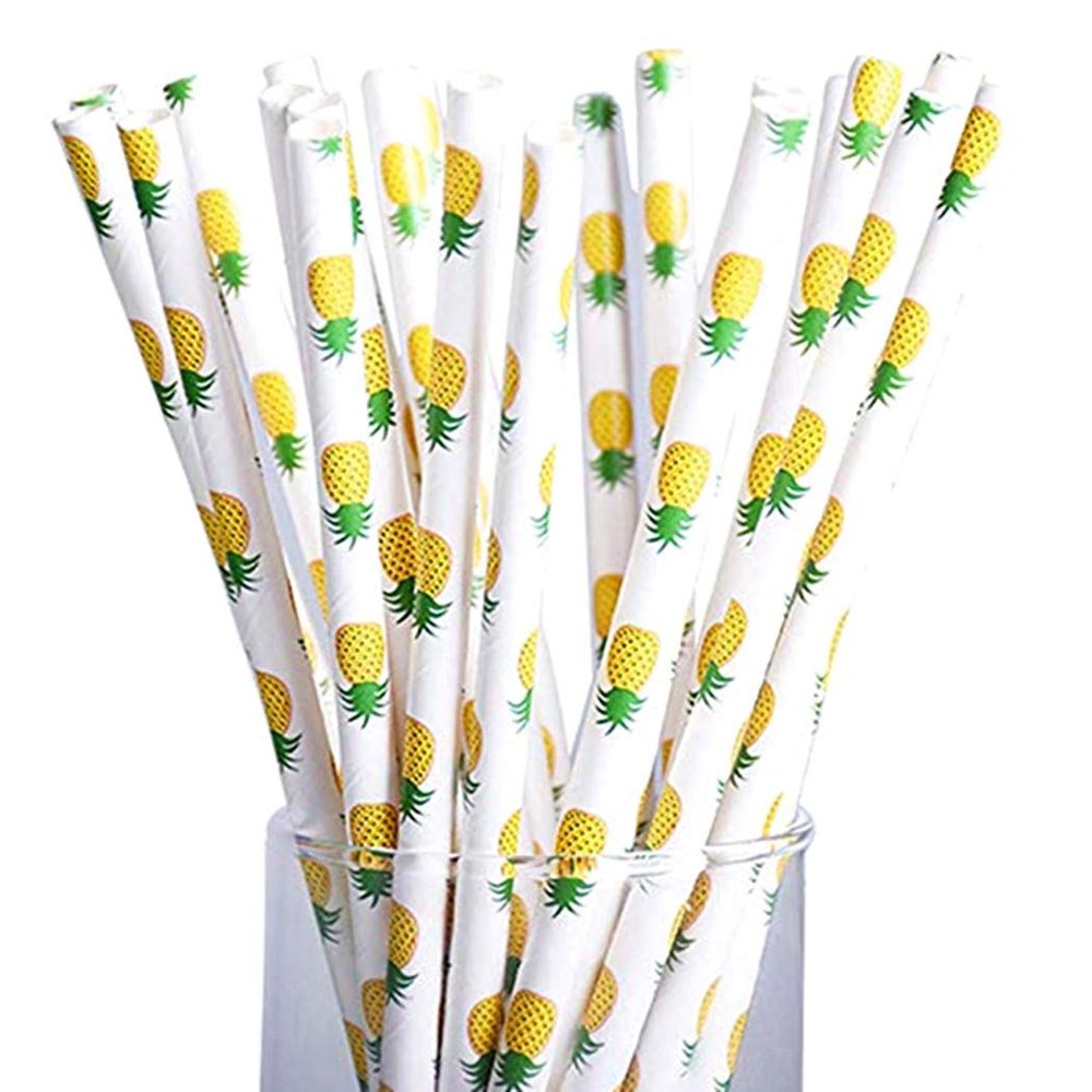 100 pcs Yellow Pineapple Paper Straws, Fun Cute Picnic Fruit Print Patterned Beverage Mason Jar Party Paper Drinking Straws Bulk, Cheap Birthday Wedding Colored Cake Pop Sticks