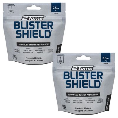 2Toms BlisterShield, Advanced Waterproof Blister Prevention Powder, Friction Free Protection for Feet, Hot Spots, and Calluses, 2.5 Ounces, 2 Pouches