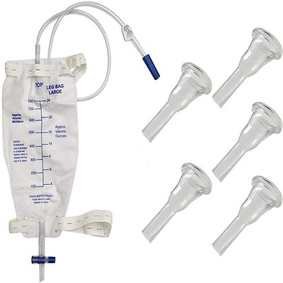 Male Urine Leg Bag Collector,5-Condom Catheters Self-Seal 35mm (Intermediate), Premium Leg Bag 750ml 30 Inch PVC Extension Tubing, Tubing Straps & Fast and Easy Draining