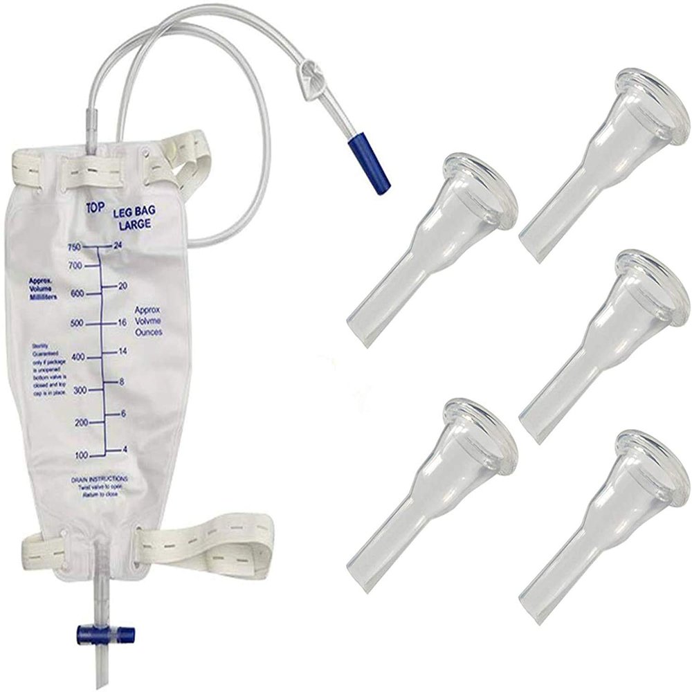 Male Urine Leg Bag Collector,5-Condom Catheters Self-Seal 35mm (Intermediate), Premium Leg Bag 750ml 30 Inch PVC Extension Tubing, Tubing Straps & Fast and Easy Draining