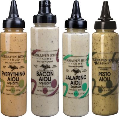 Terrapin Ridge Farms Aioli Garnishing Sauce Variety Pack Everything, Bacon, Jalapeo & Pesto Flavors Gourmet Squeeze Bottles 7.5 to 8 Oz Each (Pack of 4)