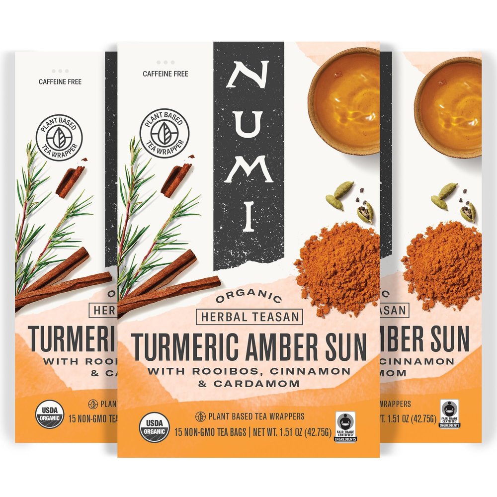 Numi Organic Amber Sun Turmeric Tea, 45 Turmeric Tea Bags, With Rooibos & Spices, Herbal Tea