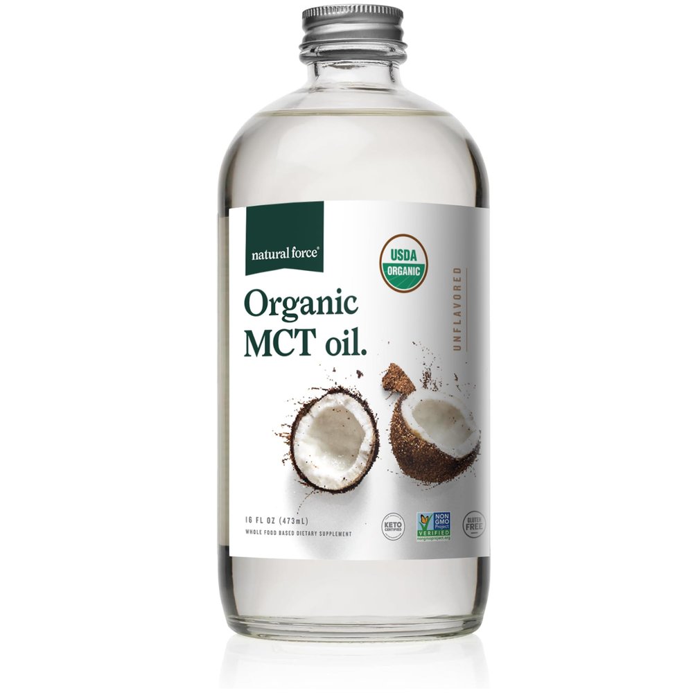 Natural Force Organic MCT Oil Pure Glass Bottle Made from 100% Virgin Coconut Oil + Certified Keto, Paleo, Kosher, Vegan & Non-GMO Lab Tested for Quality and Purity - 16 Ounce