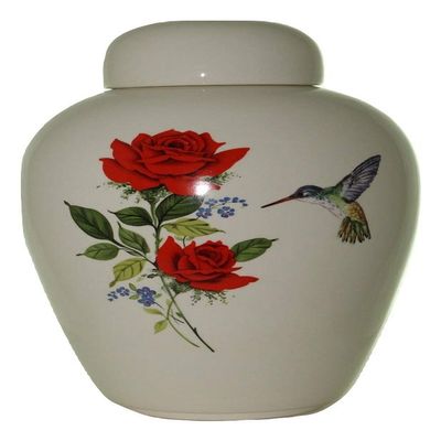 Red Rose Hummingbird Funeral Urn - Cremation Urn for Human Ashes - Hand Made Pottery (185 Cubic Inches 10 1/2" Tall x 6 1/2" Wide)