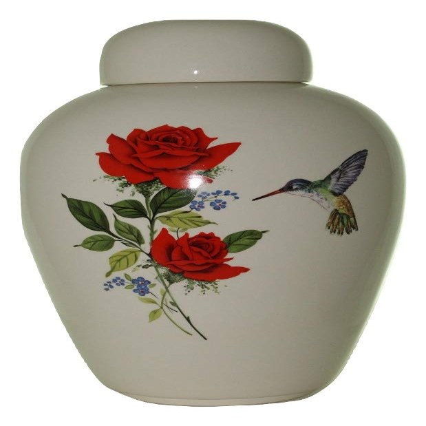 Red Rose Hummingbird Funeral Urn - Cremation Urn for Human Ashes - Hand Made Pottery (185 Cubic Inches 10 1/2" Tall x 6 1/2" Wide)