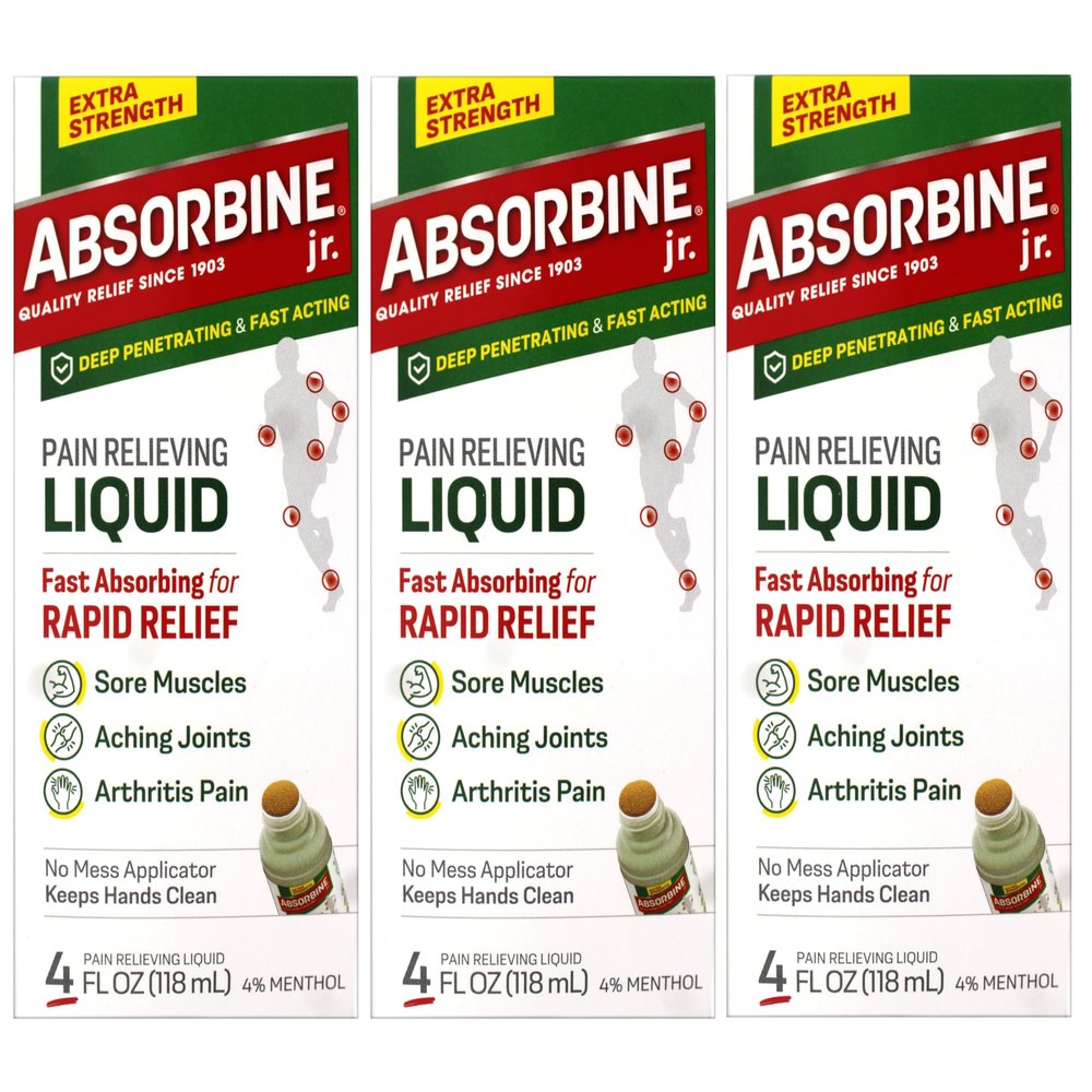 ABSORBINE JR. Extra Strength Pain Relieving Liquid, for Muscle, Joints, Arthritis Pain, with No-Mess Applicator, 4 Oz (Pack of 3)