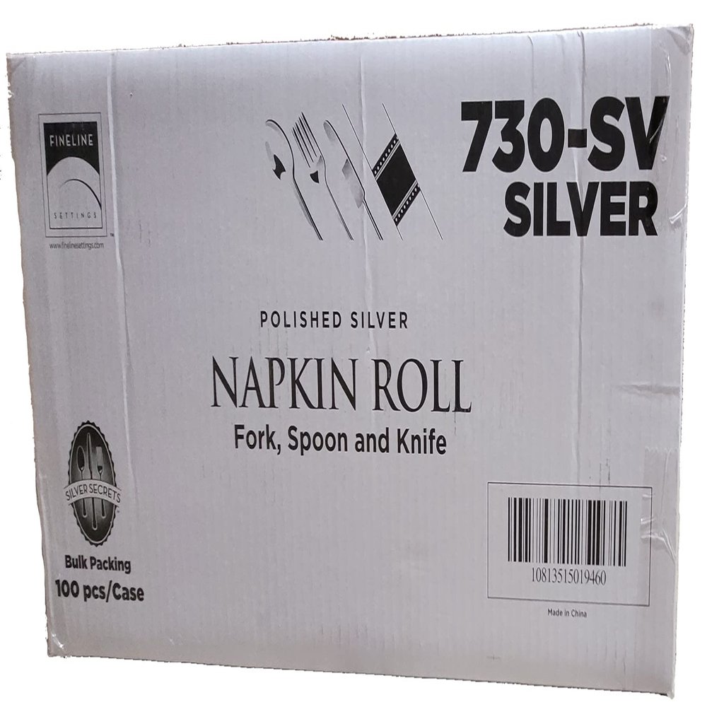 Rolled Napkins with Plastic Cutlery Set | Silver | Silver Secrets Collection | Pack of 100
