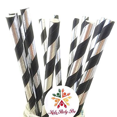 100 pcs Black Silver Foil Striped Paper Straws, Shiny Metallic Foil Stripe Party Drinking Paper Straws Bulk, Birthday Graduation Wedding Holiday New Year Cake Pop Sticks