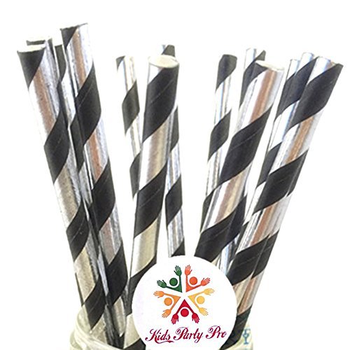 100 pcs Black Silver Foil Striped Paper Straws, Shiny Metallic Foil Stripe Party Drinking Paper Straws Bulk, Birthday Graduation Wedding Holiday New Year Cake Pop Sticks
