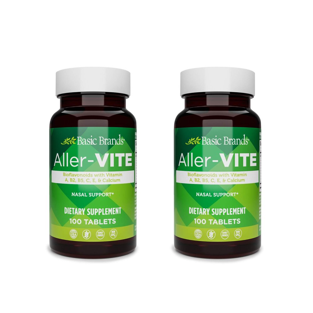 Basic Brands Aller-Vite - Natural Allergy Relief Tablets - Homeopathic Sinus & Nasal Support with Bioflavonoids, Vitamins A, B2, B5, C, E & Calcium - 100 Vegan Tablets - 2-Pack