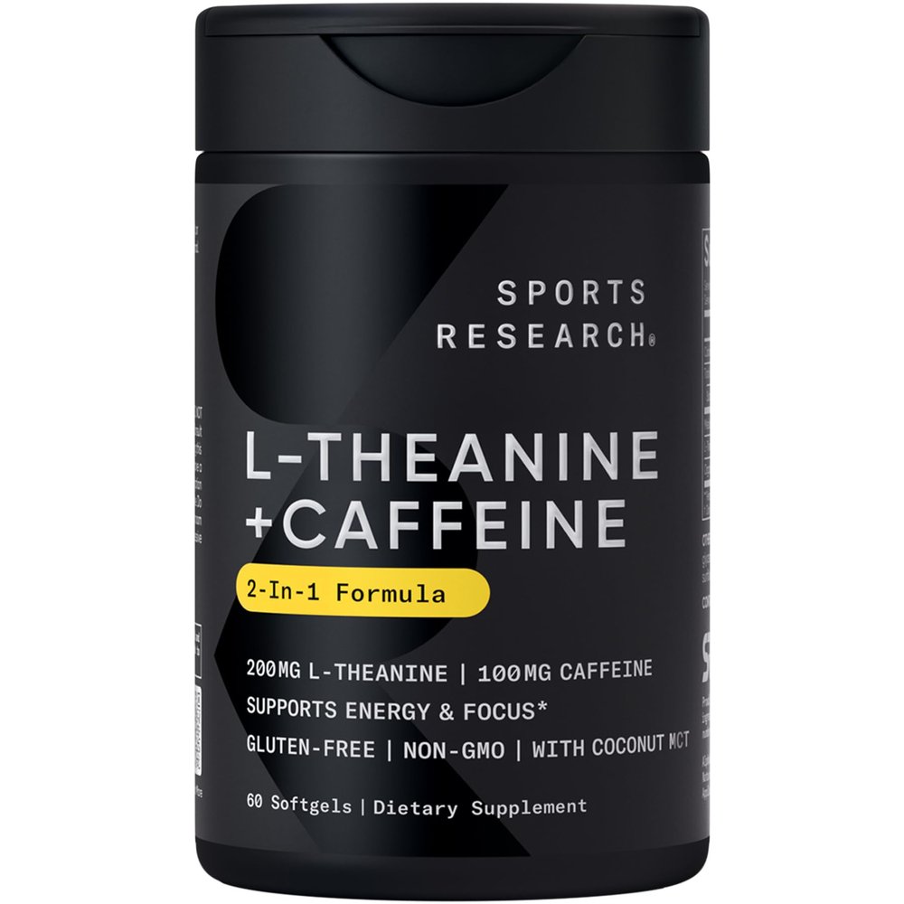 Sports Research L-Theanine Supplement with Caffeine & Coconut MCT Oil - Focused Energy, Alertness & Relaxation Without Drowsiness - 200mg L Theanine, 100mg Organic Caffeine - 60 Liquid Softgels