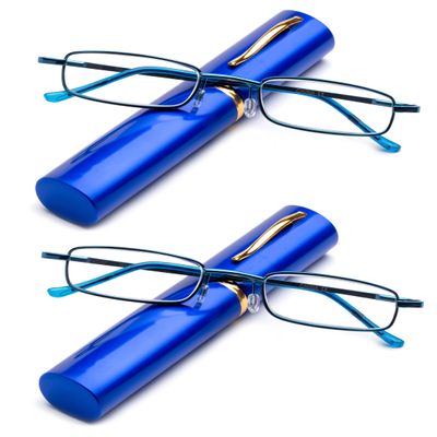 2 Packs Pocket Readers Ultra Slim Compact Reading Glasses Spring Temple w/Portable Pocket Clip Aluminum Case Blue +1.00