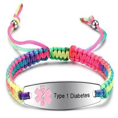 JF.JEWELRY Pre-Engraved Type 1 Diabetes Medical Alert ID Bracelets for Men and Women Braided Nylon Rope (Multicolor-style2)