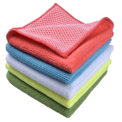 SINLAND Microfiber Dish Cloth Towels with Poly Scour Side Best Kitchen Cleaning Cloths Rags 12"x12" 5 Pack 5 Color Assorted (Pink+Blue+White+Yellow+Green)