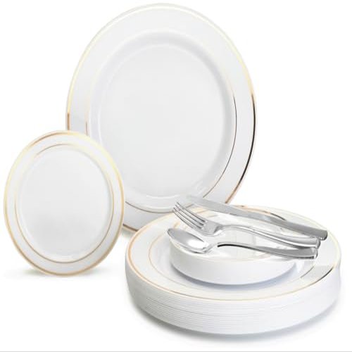 OCCASIONS 600 Pcs Set & 120 Guest Wedding Disposable Plastic Plate & Silverware Combo Set (White & Gold Rim plates, Silver Silverware)