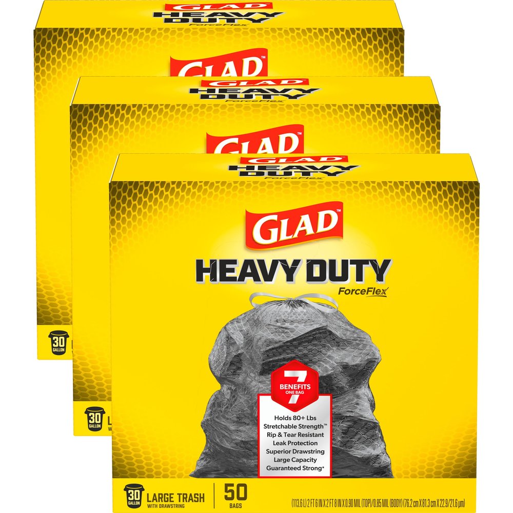 Glad ForceFlex Heavy Duty Large Trash Bags, Hold 80+ lb, 30 Gal, 50 Ct, Pack of 3 (Package May Vary)