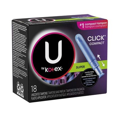 U by Kotex Click Super Compact Tampons Compact Plastic Applicator, Unscented, 18 Count