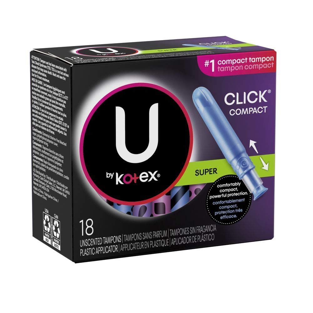 U by Kotex Click Super Compact Tampons Compact Plastic Applicator, Unscented, 18 Count