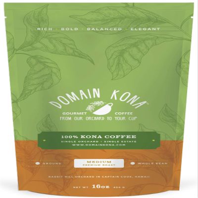 100% Kona Coffee Whole Bean, Medium roast, Single estate gourmet coffee, 16 ounces, Farm fresh roasted from Domain Kona Coffee
