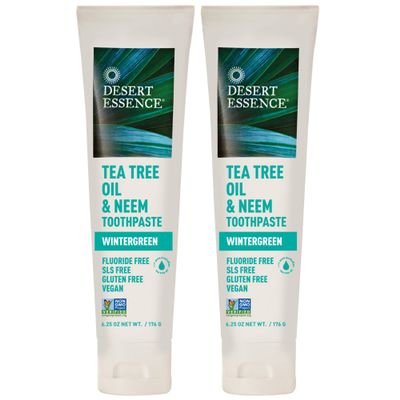 Desert Essence Tea Tree Oil & Neem Toothpaste - 6.25 Oz - Pack of 2 - Refreshing Rich Taste - Baking Soda & Essential Oil of Wintergreen - Antiseptic - Natural Ingredients - Fluoride & Gluten Free.