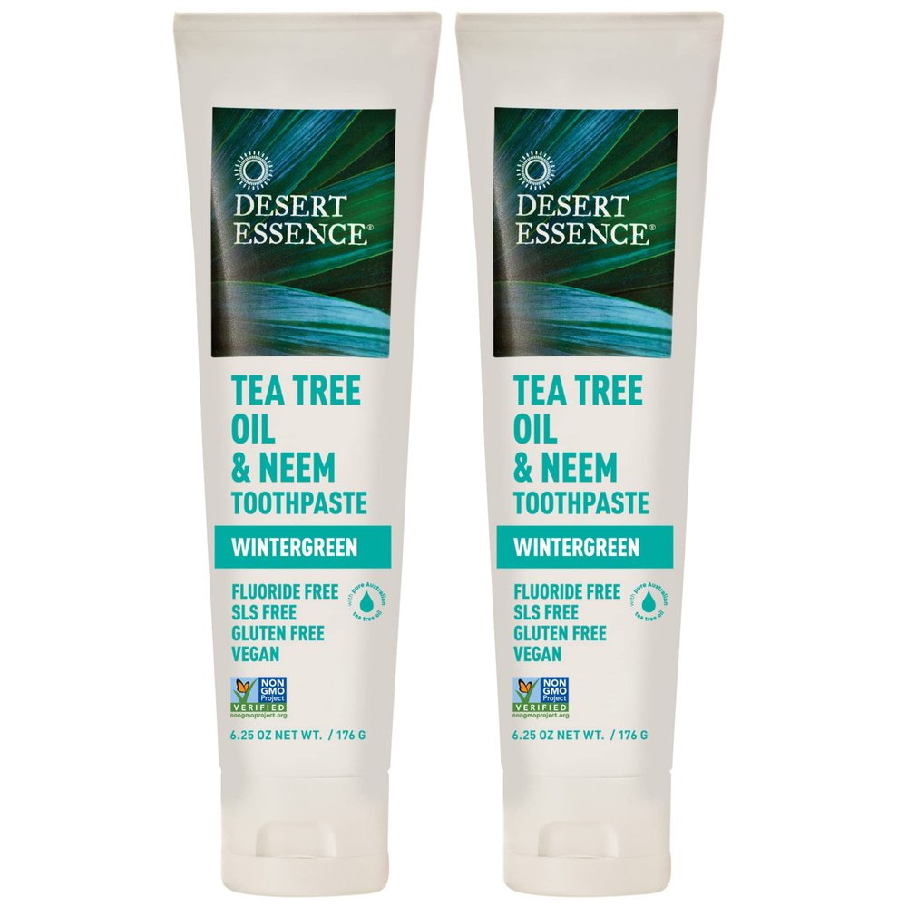 Desert Essence Tea Tree Oil & Neem Toothpaste - 6.25 Oz - Pack of 2 - Refreshing Rich Taste - Baking Soda & Essential Oil of Wintergreen - Antiseptic - Natural Ingredients - Fluoride & Gluten Free.