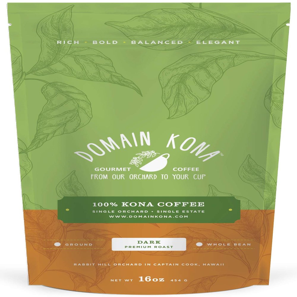 100% Kona Coffee  GROUND, Dark roast, Single estate gourmet coffee, 16 ounces, Ships direct from Domain Kona, farm fresh