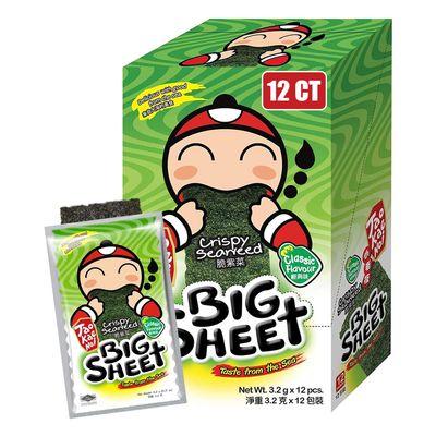 Big Crispy Seaweed Snack Sheets by Tao Kae Noi | Classic Thai Seaweed Chip | Healthy Nori Snacks for Kids and Adults | Low Calorie Seaweed Sheets | 12 Individually Wrapped Sheets per Box, 3.2g each