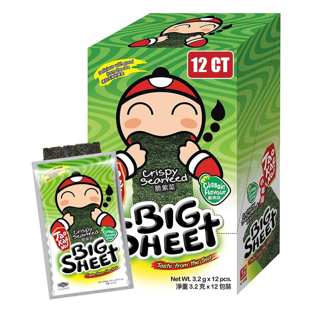 Big Crispy Seaweed Snack Sheets by Tao Kae Noi | Classic Thai Seaweed Chip | Healthy Nori Snacks for Kids and Adults | Low Calorie Seaweed Sheets | 12 Individually Wrapped Sheets per Box, 3.2g each